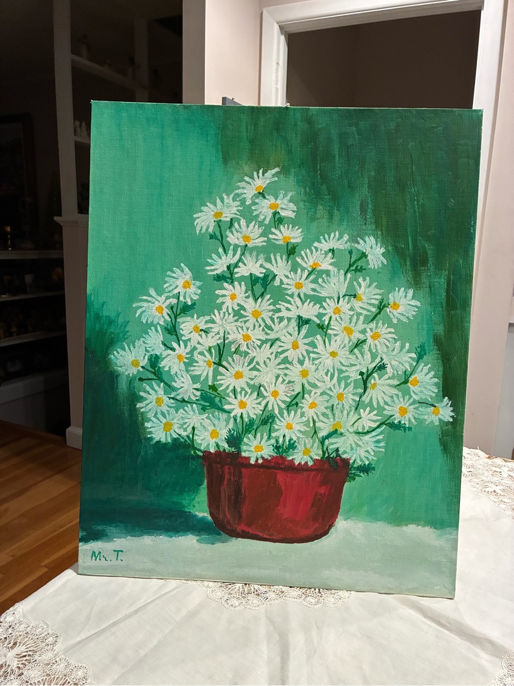 Original Still Life Painting Green Daisy Bouquet Canvas Art in Red Planter
